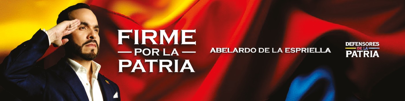Banner de campaña de Abelardo de la Espriella haciendo el saludo frente a la bandera colombiana con el eslogan Firme por la patria